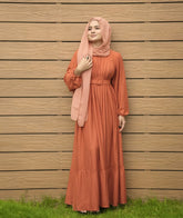 Yezwe Brick Red Textured Rib Maxi Dress with Belt - Prebooking Modest Wear - YEZWE